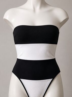 Black & White Strapless Colorblock One Piece Swimsuit Size Medium